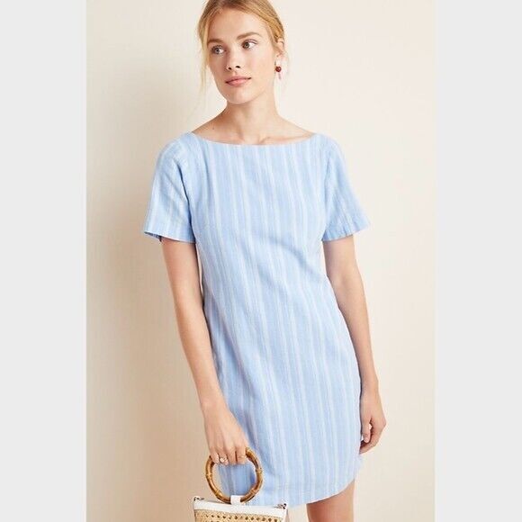 Anthropologie Cape May Mini Dress Size 8 Blue Stripe Linen Blend New - Picture 1 of 14